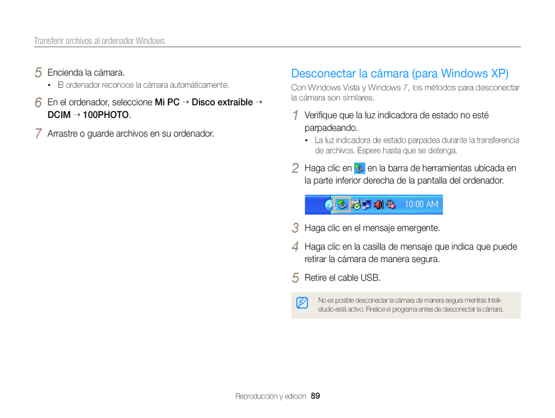 Samsung EC-WB100ZBARE1 Desconectar la cámara para Windows XP, Haga clic en el mensaje emergente, Retire el cable USB 