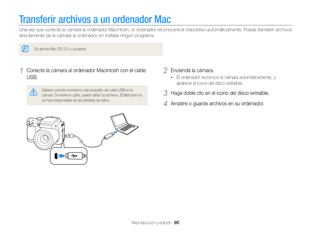 Samsung EC-WB100ZBABE1 Transferir archivos a un ordenador Mac, Conecte la cámara al ordenador Macintosh con el cable USB 