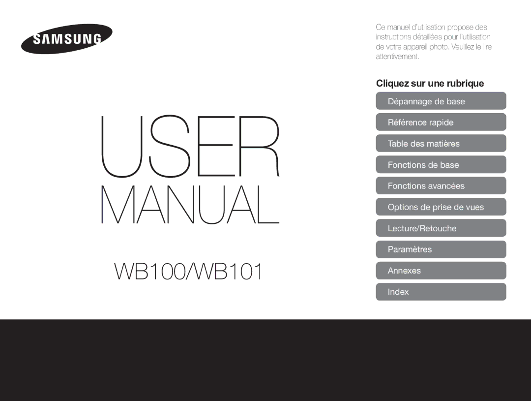 Samsung EC-WB100ZBABE1, EC-WB100ZBARE1 manual Cliquez sur une rubrique, Index 