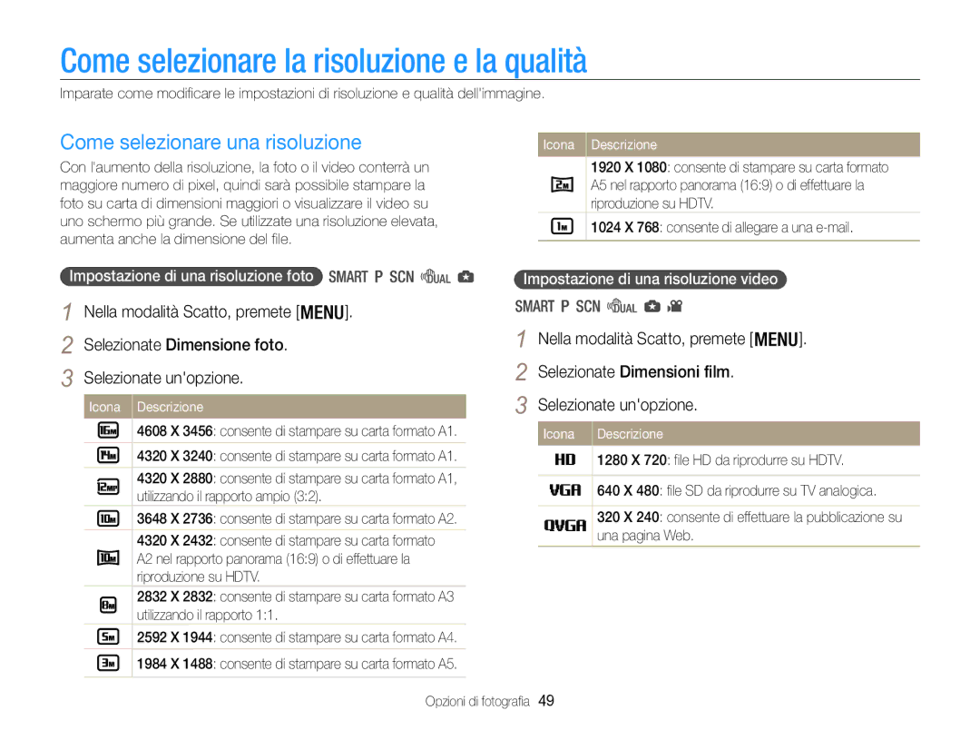 Samsung EC-WB100ZBARE1, EC-WB100ZBABE1 manual Come selezionare la risoluzione e la qualità, Come selezionare una risoluzione 