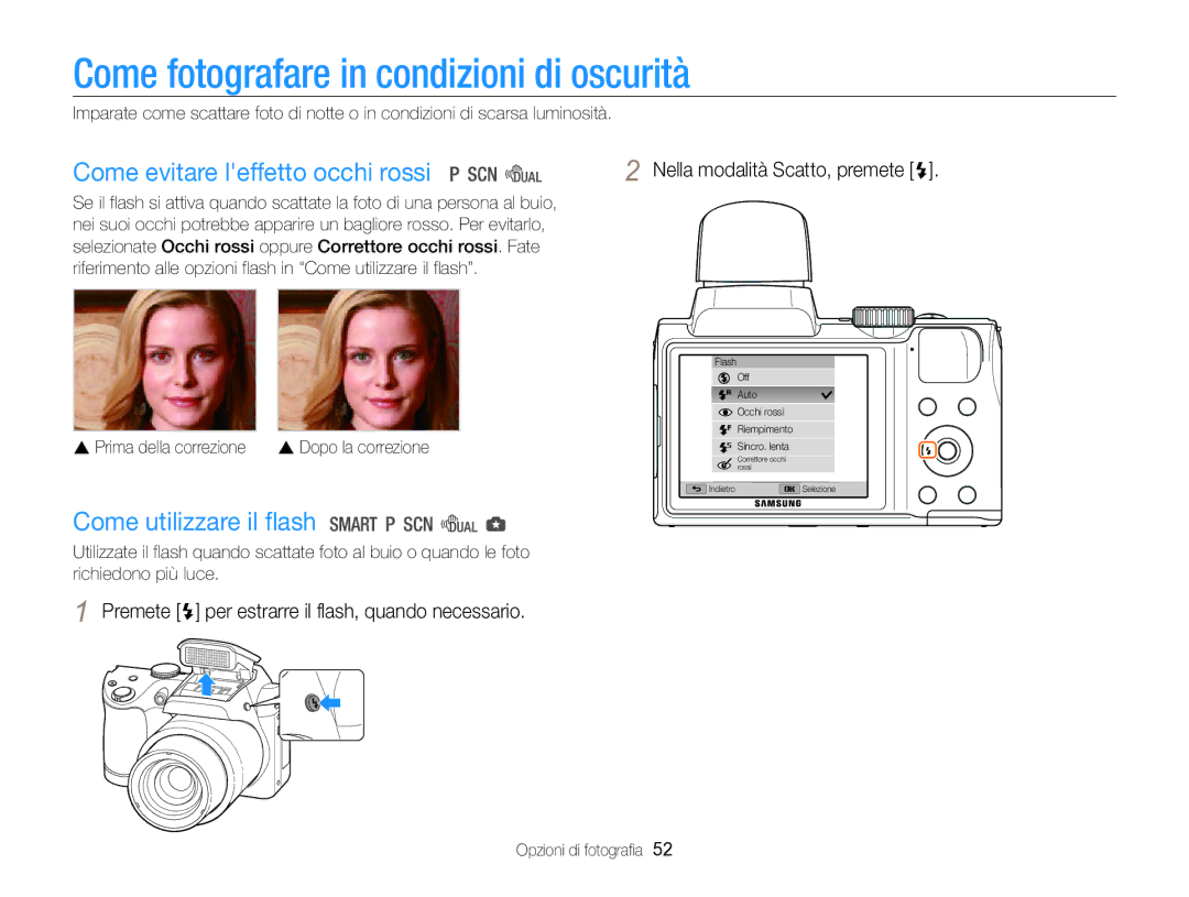 Samsung EC-WB100ZBABE1, EC-WB100ZBARE1 manual Come fotografare in condizioni di oscurità, Come evitare leffetto occhi rossi 