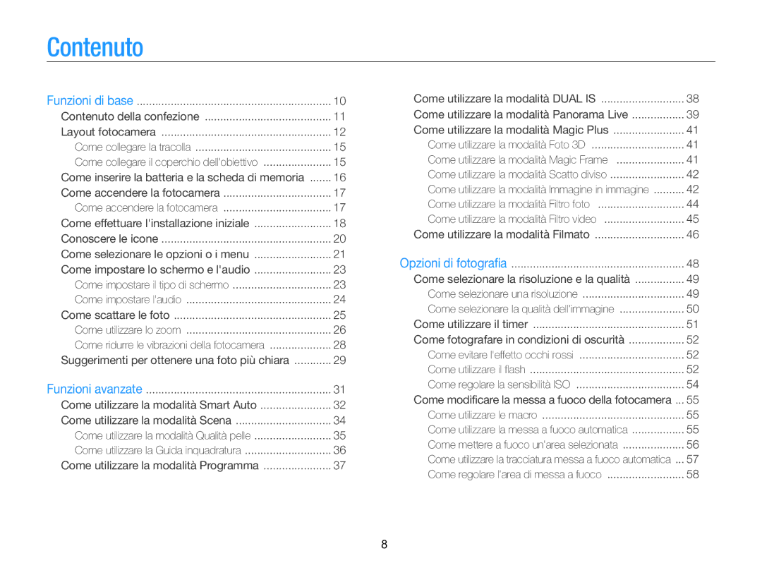 Samsung EC-WB100ZBABE1, EC-WB100ZBARE1 manual Contenuto, Come inserire la batteria e la scheda di memoria 