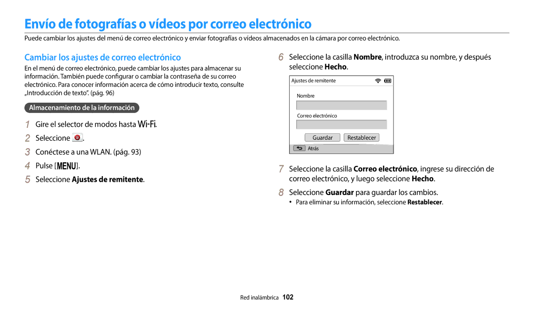 Samsung EC-WB1100BPRE1 Envío de fotografías o vídeos por correo electrónico, Cambiar los ajustes de correo electrónico 