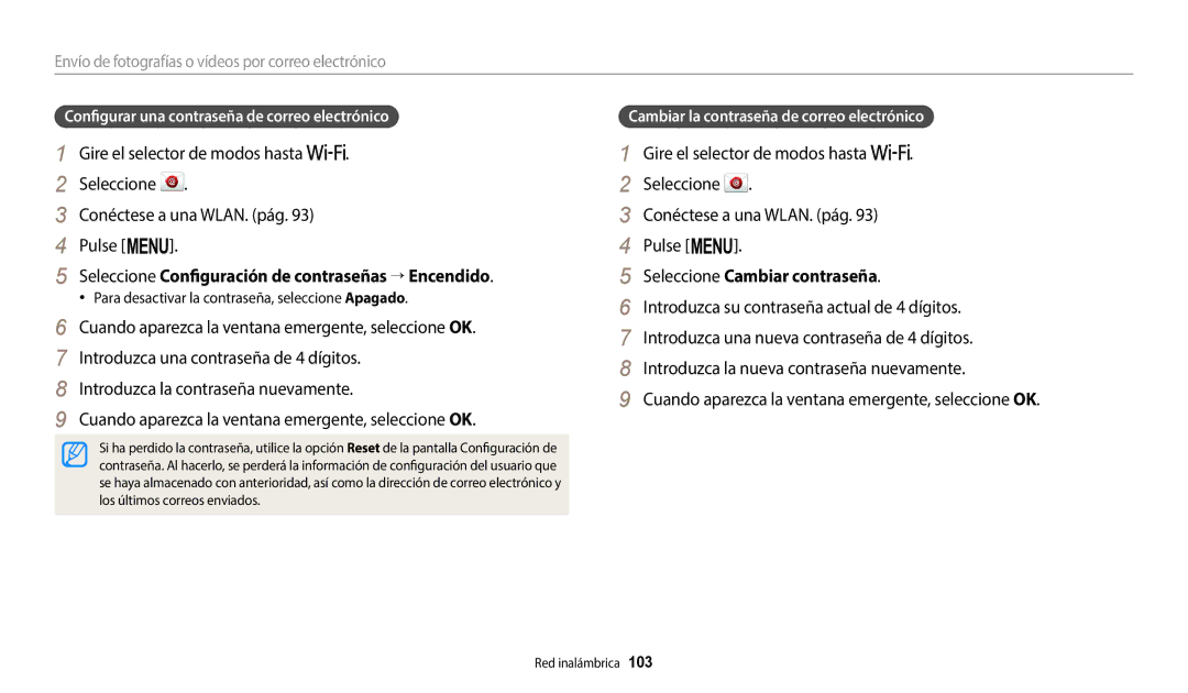 Samsung EC-WB1100BPBE1, EC-WB1100BPRE1 Seleccione Configuración de contraseñas  Encendido, Seleccione Cambiar contraseña 