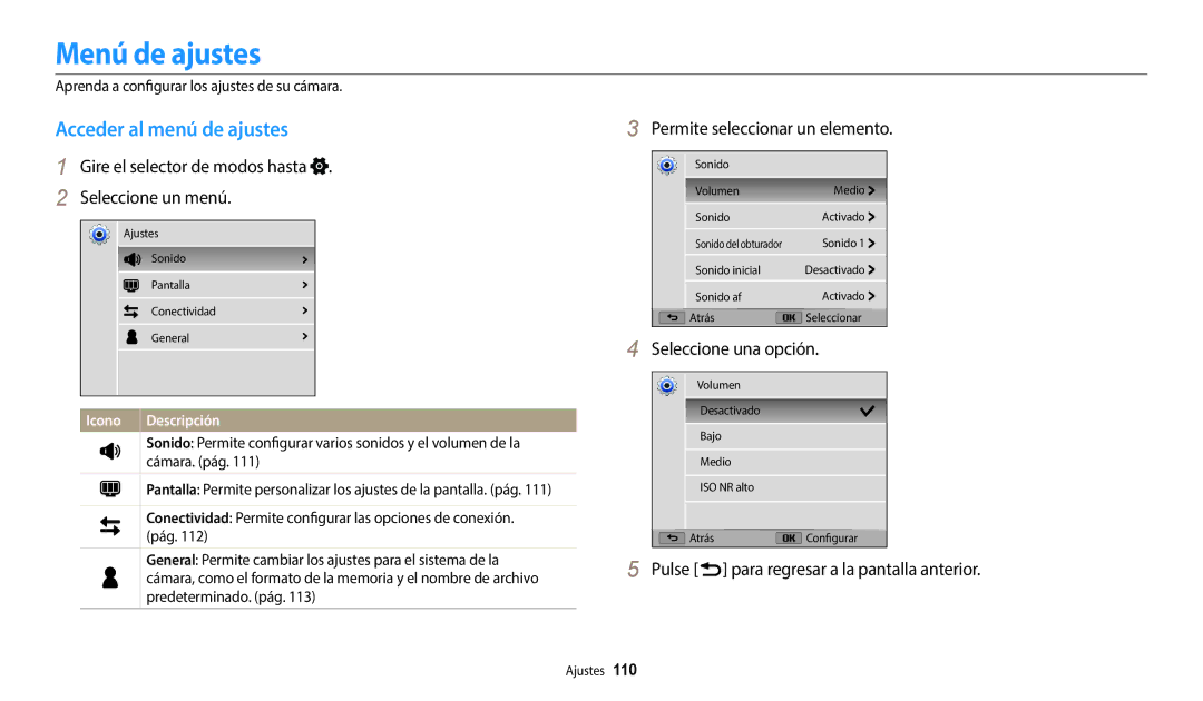 Samsung EC-WB1100BPRE1 Menú de ajustes, Acceder al menú de ajustes, Gire el selector de modos hasta Seleccione un menú 