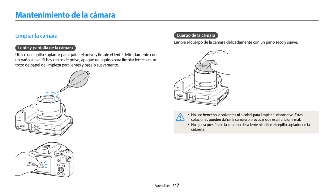 Samsung EC-WB1100BPBE1 Mantenimiento de la cámara, Limpiar la cámara, Lente y pantalla de la cámara, Cuerpo de la cámara 