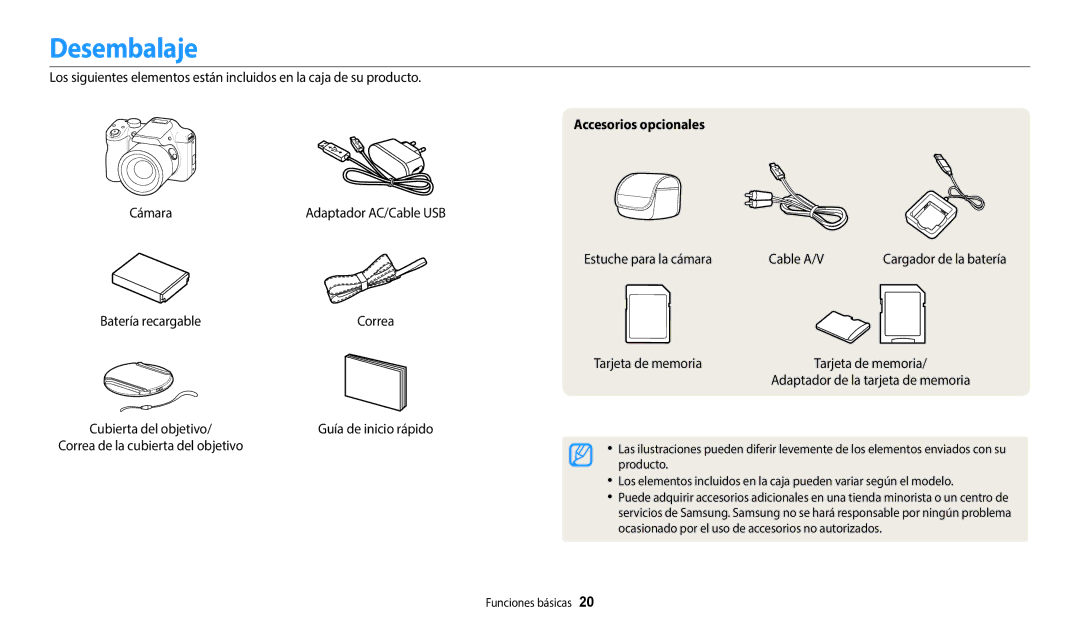 Samsung EC-WB1100BPRE1 manual Desembalaje, Batería recargable, Accesorios opcionales, Estuche para la cámara Cable A/V 