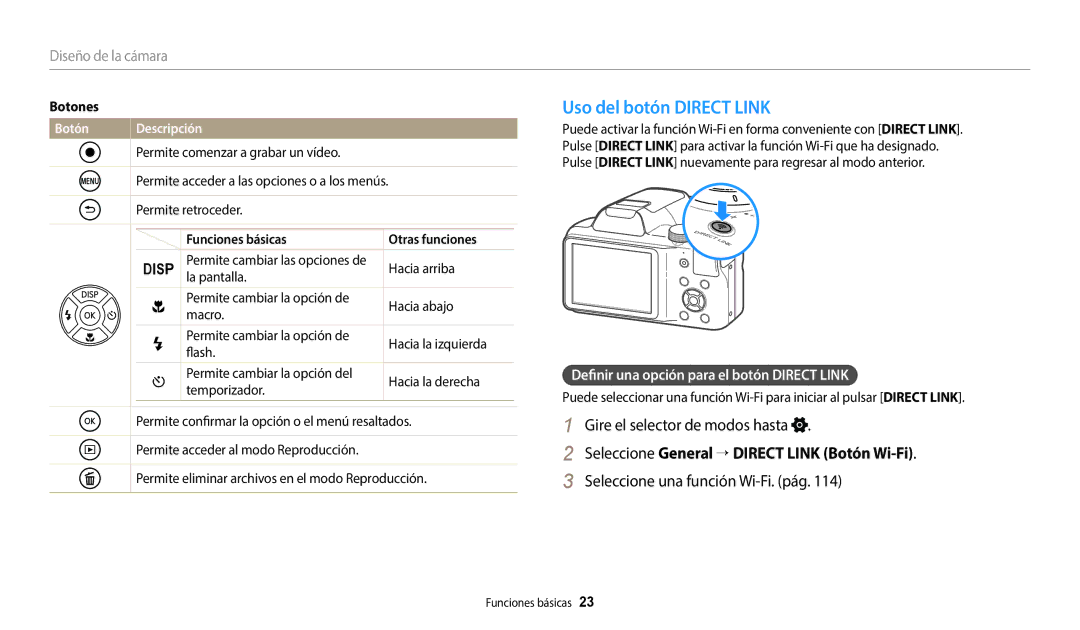 Samsung EC-WB1100BPBE1 manual Uso del botón Direct Link, Gire el selector de modos hasta, Seleccione una función Wi-Fi. pág 