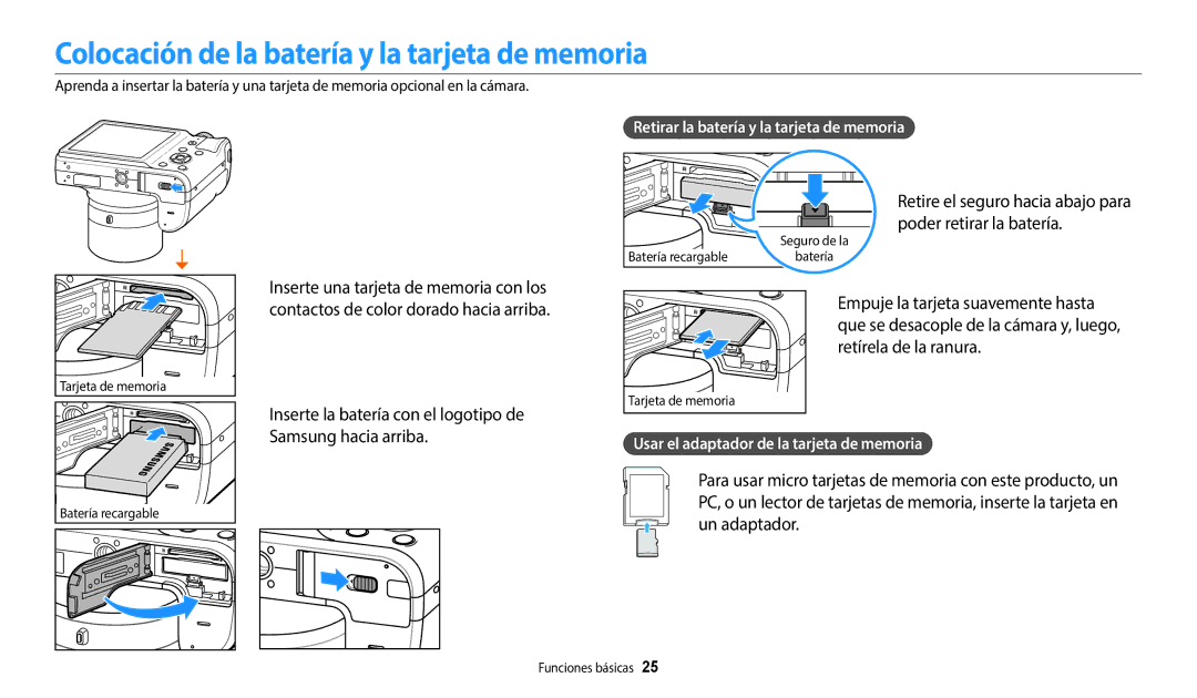 Samsung EC-WB1100BPBE1 manual Colocación de la batería y la tarjeta de memoria, Inserte la batería con el logotipo de 