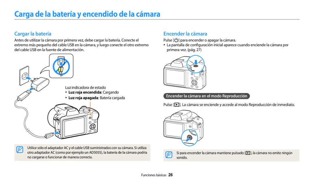 Samsung EC-WB1100BPRE1, EC-WB1100BPBE1 Carga de la batería y encendido de la cámara, Cargar la batería, Encender la cámara 