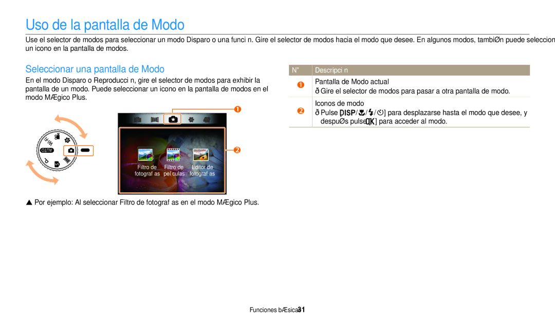 Samsung EC-WB1100BPBE1, EC-WB1100BPRE1 manual Uso de la pantalla de Modo, Seleccionar una pantalla de Modo 