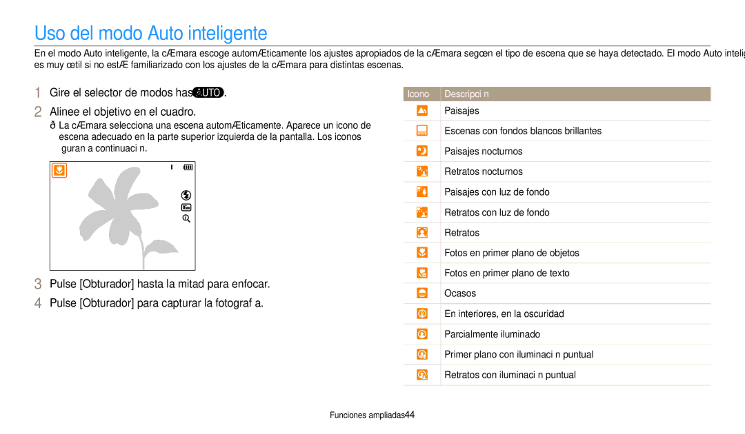 Samsung EC-WB1100BPRE1, EC-WB1100BPBE1 manual Uso del modo Auto inteligente 