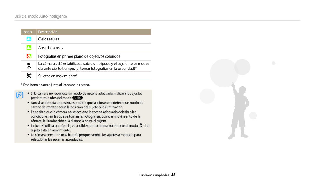 Samsung EC-WB1100BPBE1, EC-WB1100BPRE1 manual Uso del modo Auto inteligente, Sujetos en movimiento 