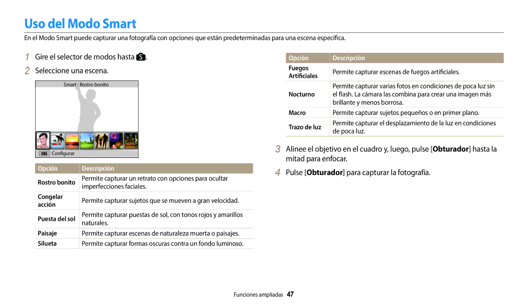 Samsung EC-WB1100BPBE1 manual Uso del Modo Smart, Gire el selector de modos hasta Seleccione una escena, Opción Descripción 