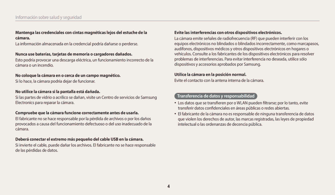 Samsung EC-WB1100BPRE1 Transferencia de datos y responsabilidad, No coloque la cámara en o cerca de un campo magnético 