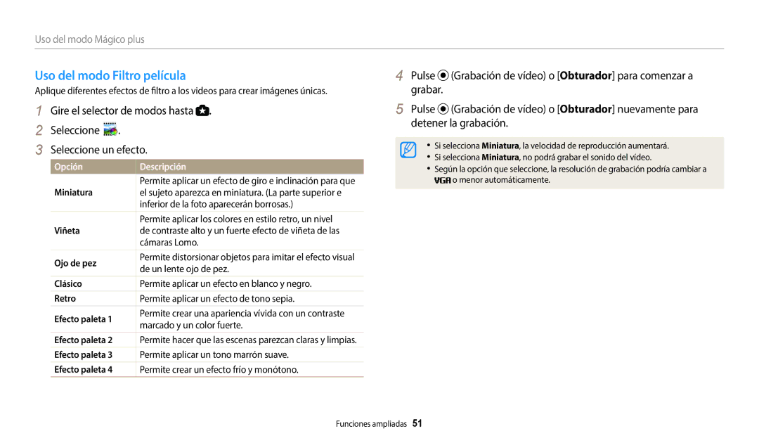 Samsung EC-WB1100BPBE1, EC-WB1100BPRE1 manual Uso del modo Filtro película, Uso del modo Mágico plus 