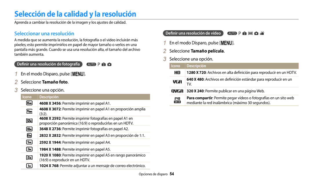 Samsung EC-WB1100BPRE1 Selección de la calidad y la resolución, Seleccionar una resolución, En el modo Disparo, pulse m 