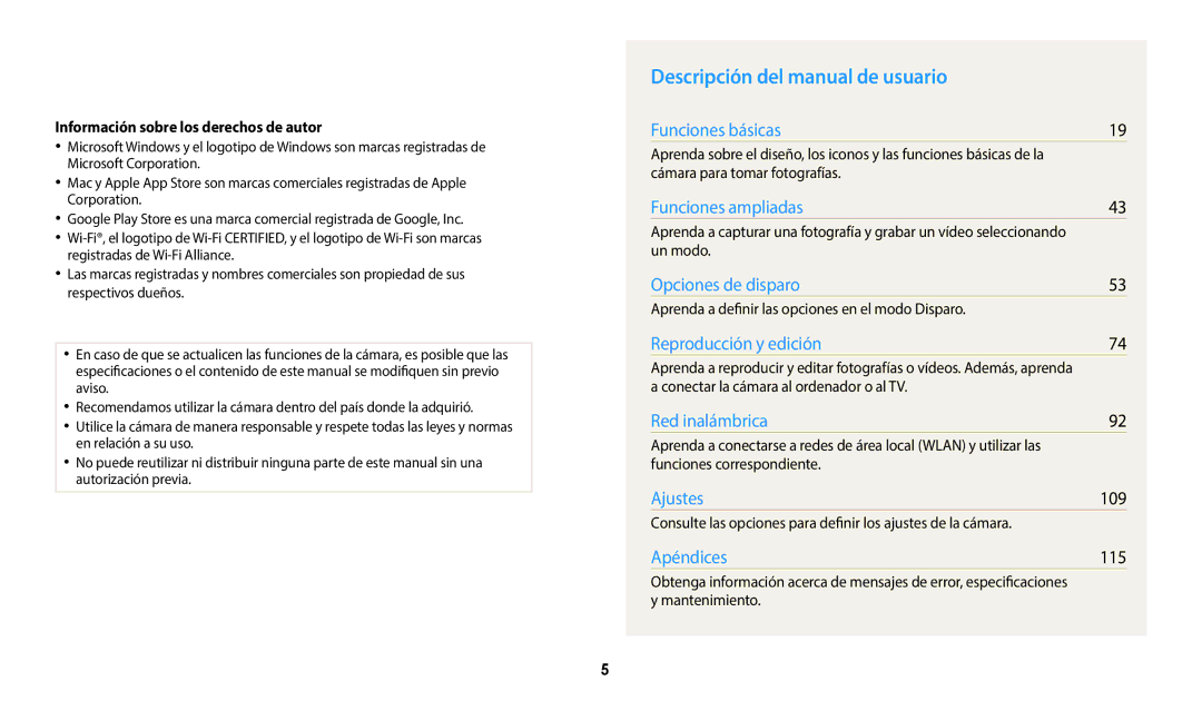 Samsung EC-WB1100BPBE1, EC-WB1100BPRE1 Descripción del manual de usuario, Información sobre los derechos de autor 