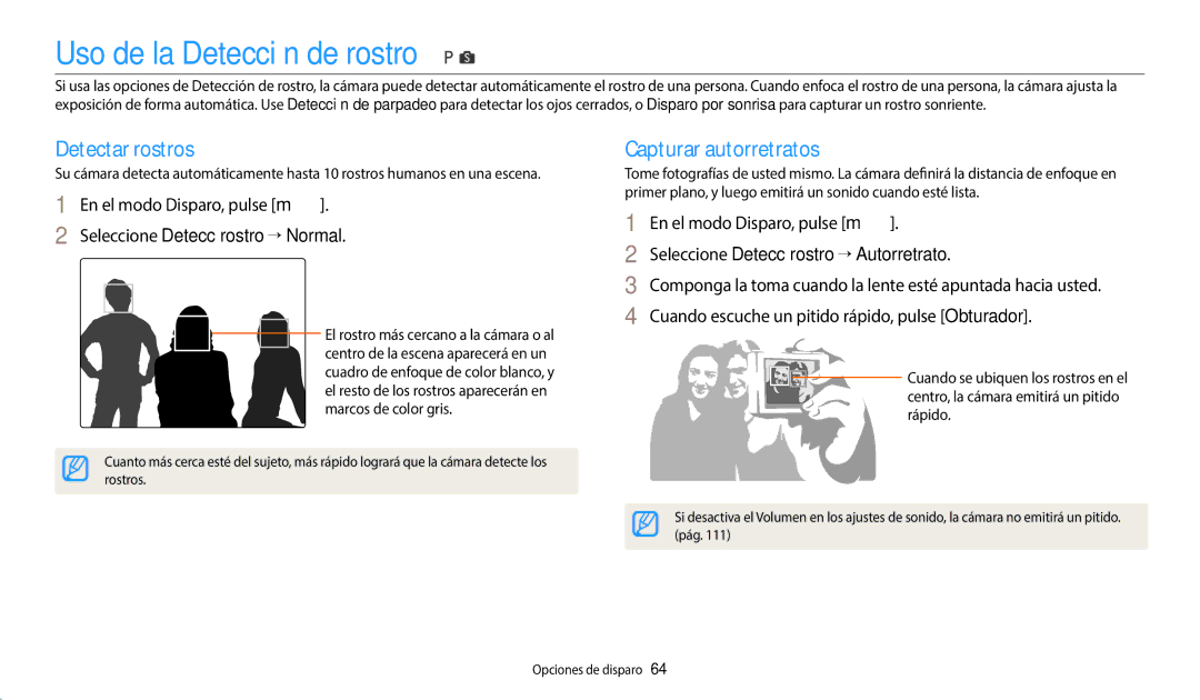 Samsung EC-WB1100BPRE1, EC-WB1100BPBE1 manual Uso de la Detección de rostro, Detectar rostros, Capturar autorretratos 