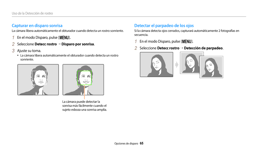 Samsung EC-WB1100BPBE1, EC-WB1100BPRE1 manual Capturar en disparo sonrisa, Detectar el parpadeo de los ojos, Ajuste su toma 