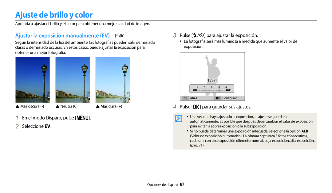 Samsung EC-WB1100BPBE1, EC-WB1100BPRE1 Ajuste de brillo y color, Ajustar la exposición manualmente EV 