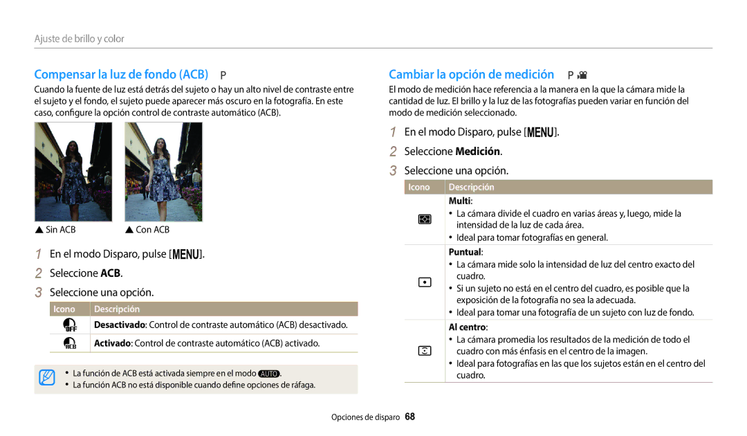 Samsung EC-WB1100BPRE1 manual Compensar la luz de fondo ACB, Cambiar la opción de medición, Ajuste de brillo y color 