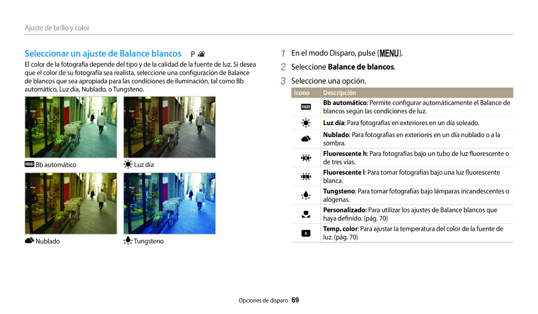 Samsung EC-WB1100BPBE1, EC-WB1100BPRE1 manual Seleccionar un ajuste de Balance blancos, Seleccione Balance de blancos 