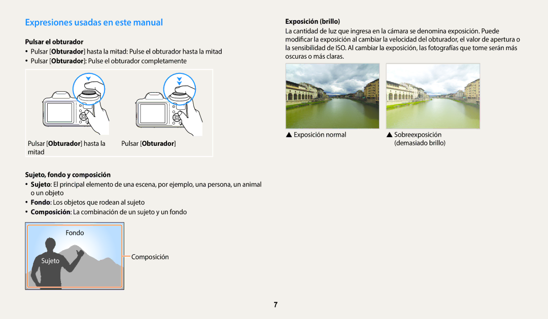 Samsung EC-WB1100BPBE1, EC-WB1100BPRE1 Expresiones usadas en este manual, Pulsar el obturador, Exposición brillo 