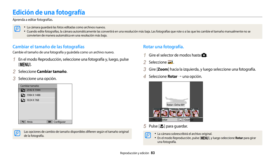 Samsung EC-WB1100BPBE1 manual Edición de una fotografía, Cambiar el tamaño de las fotografías, Rotar una fotografía 