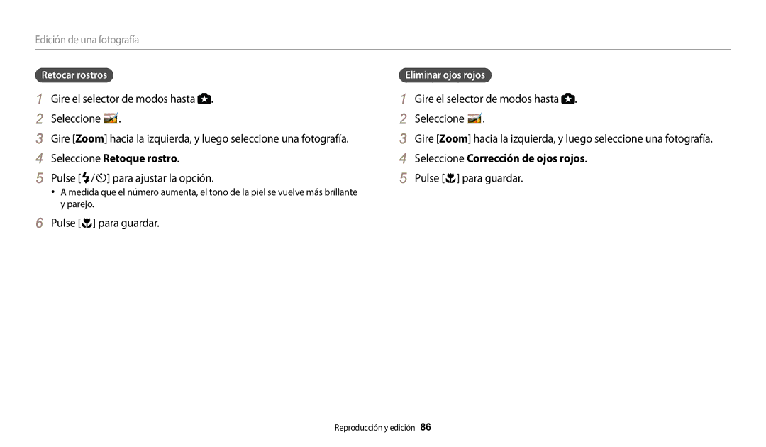 Samsung EC-WB1100BPRE1 Seleccione Retoque rostro, Pulse F/t para ajustar la opción, Seleccione Corrección de ojos rojos 