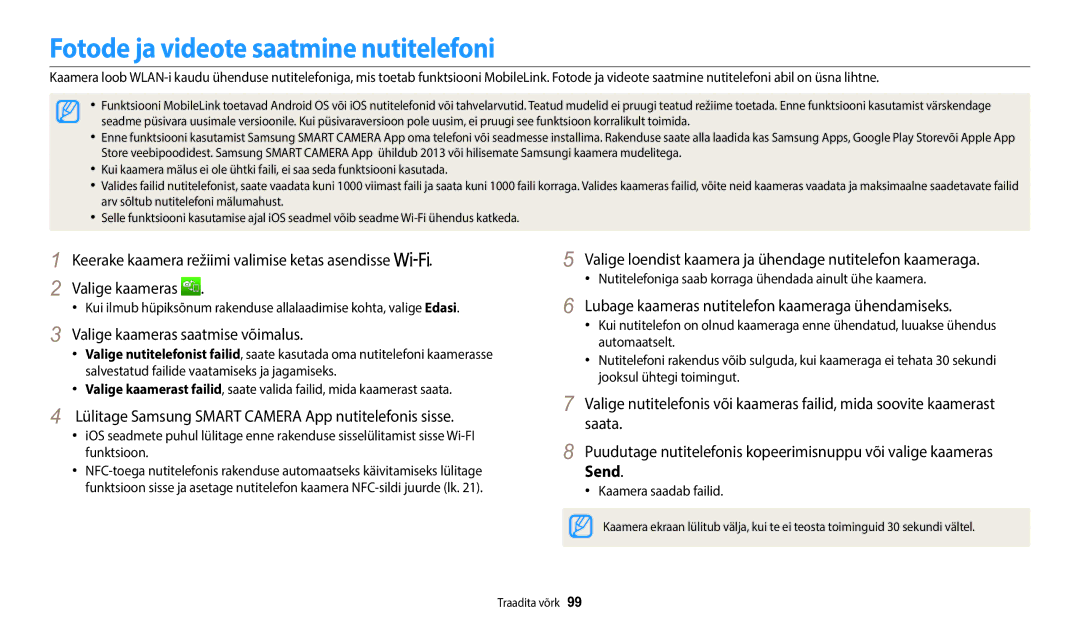 Samsung EC-WB1100BPBE2 Fotode ja videote saatmine nutitelefoni, Valige kaameras saatmise võimalus, Kaamera saadab failid 