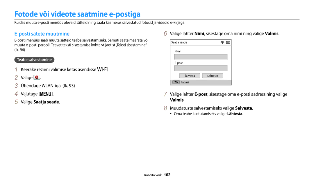 Samsung EC-WB1100BPBE2 manual Fotode või videote saatmine e-postiga, Posti sätete muutmine, Valige Saatja seade 