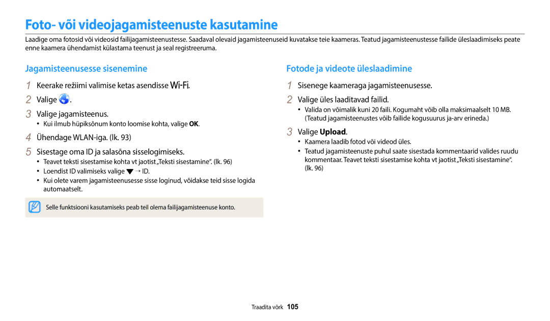 Samsung EC-WB1100BPBE2 manual Foto- või videojagamisteenuste kasutamine, Jagamisteenusesse sisenemine, Valige Upload 