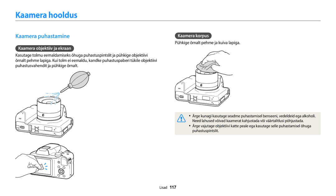 Samsung EC-WB1100BPBE2 manual Kaamera hooldus, Kaamera puhastamine, Kaamera objektiiv ja ekraan, Kaamera korpus 