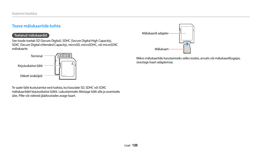 Samsung EC-WB1100BPBE2 manual Teave mälukaartide kohta, Toetatud mälukaardid 