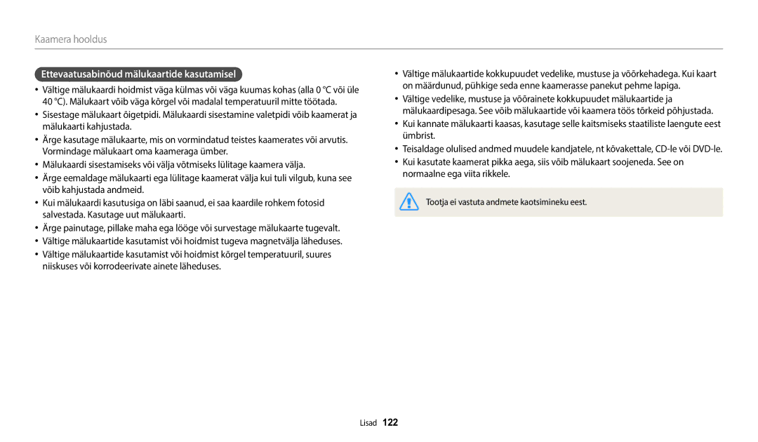 Samsung EC-WB1100BPBE2 manual Ettevaatusabinõud mälukaartide kasutamisel 