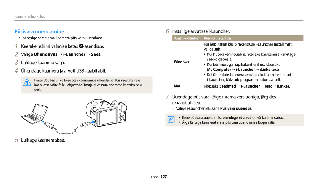 Samsung EC-WB1100BPBE2 Püsivara uuendamine, Valige Ühenduvus → i-Launcher → Sees, Operatsioonisüsteem Kuidas installida 