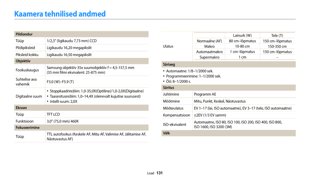 Samsung EC-WB1100BPBE2 manual Kaamera tehnilised andmed 