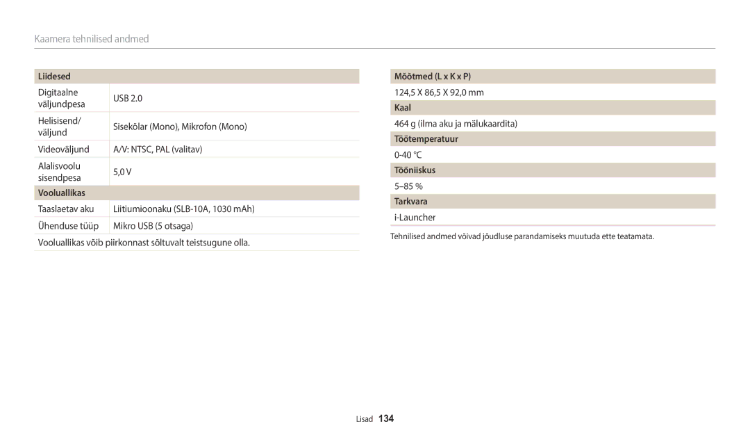 Samsung EC-WB1100BPBE2 manual Liidesed, Vooluallikas, Mõõtmed L x K x P, Kaal, Töötemperatuur, Tööniiskus, Tarkvara 