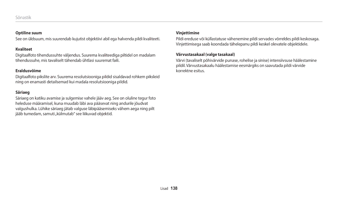 Samsung EC-WB1100BPBE2 manual Optiline suum, Kvaliteet, Eraldusvõime, Värvustasakaal valge tasakaal 