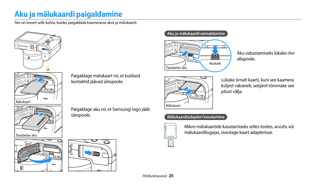 Samsung EC-WB1100BPBE2 manual Aku ja mälukaardi paigaldamine, Aku vabastamiseks lükake riivi allapoole 