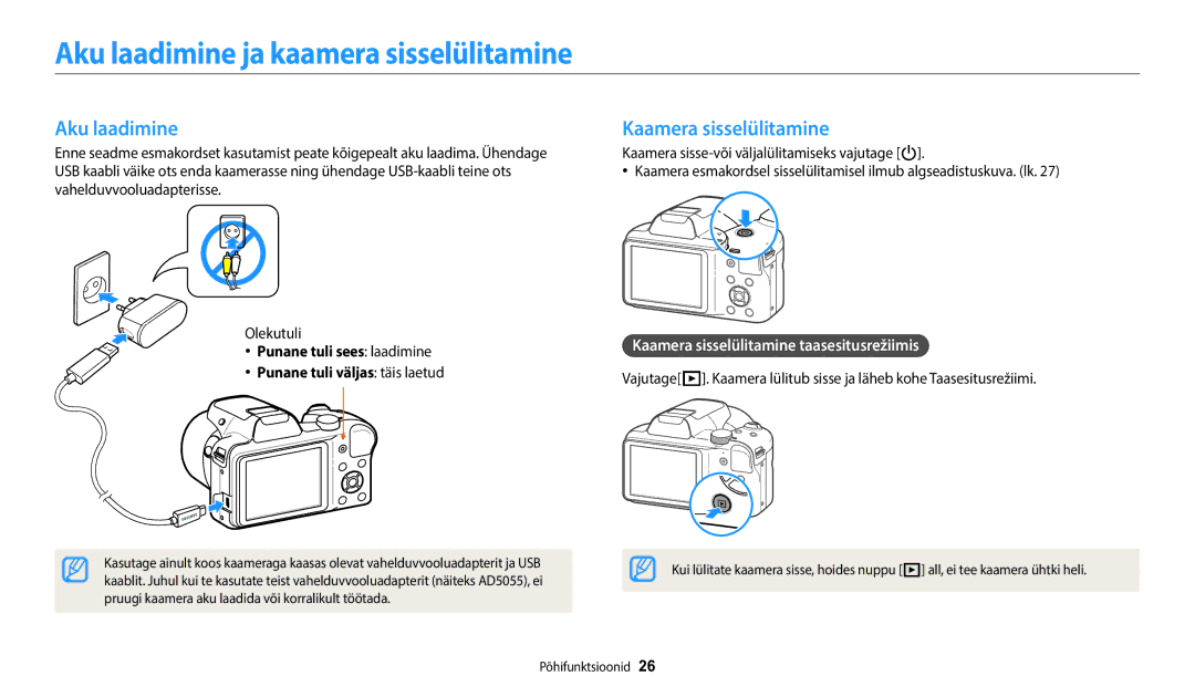 Samsung EC-WB1100BPBE2 manual Aku laadimine ja kaamera sisselülitamine, Kaamera sisselülitamine 