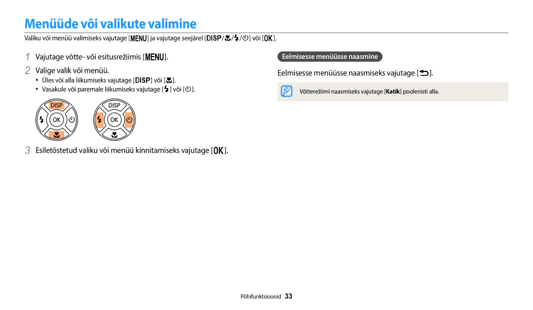 Samsung EC-WB1100BPBE2 manual Menüüde või valikute valimine, Vajutage võtte- või esitusrežiimis m Valige valik või menüü 