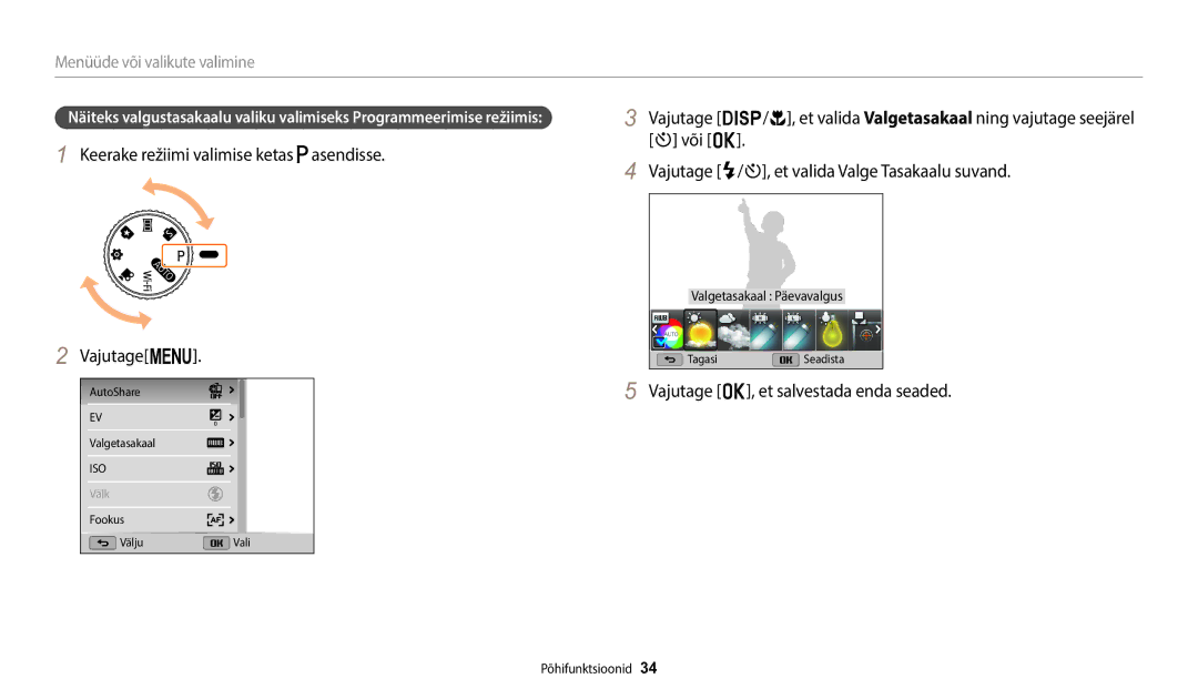 Samsung EC-WB1100BPBE2 manual Vajutage o, et salvestada enda seaded, Menüüde või valikute valimine 