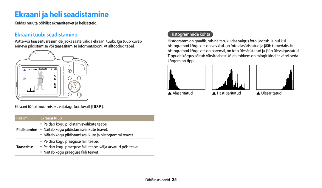 Samsung EC-WB1100BPBE2 Ekraani ja heli seadistamine, Ekraani tüübi seadistamine, Histogrammide kohta, Režiim, Taasesitus 