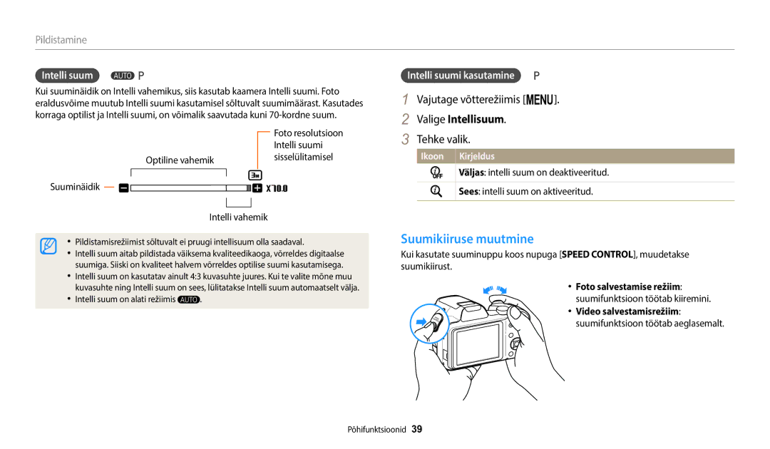 Samsung EC-WB1100BPBE2 manual Suumikiiruse muutmine, Vajutage võtterežiimis m, Valige Intellisuum, Intelli suum 