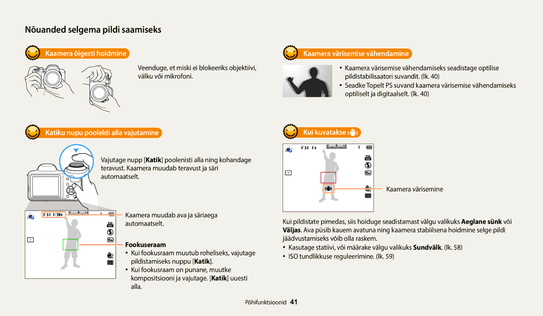 Samsung EC-WB1100BPBE2 manual Kaamera õigesti hoidmine, Katiku nupu pooleldi alla vajutamine, Kui kuvatakse, Fookuseraam 