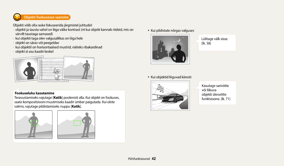 Samsung EC-WB1100BPBE2 manual Objekti fookusesse saamine, Fookuseluku kasutamine 