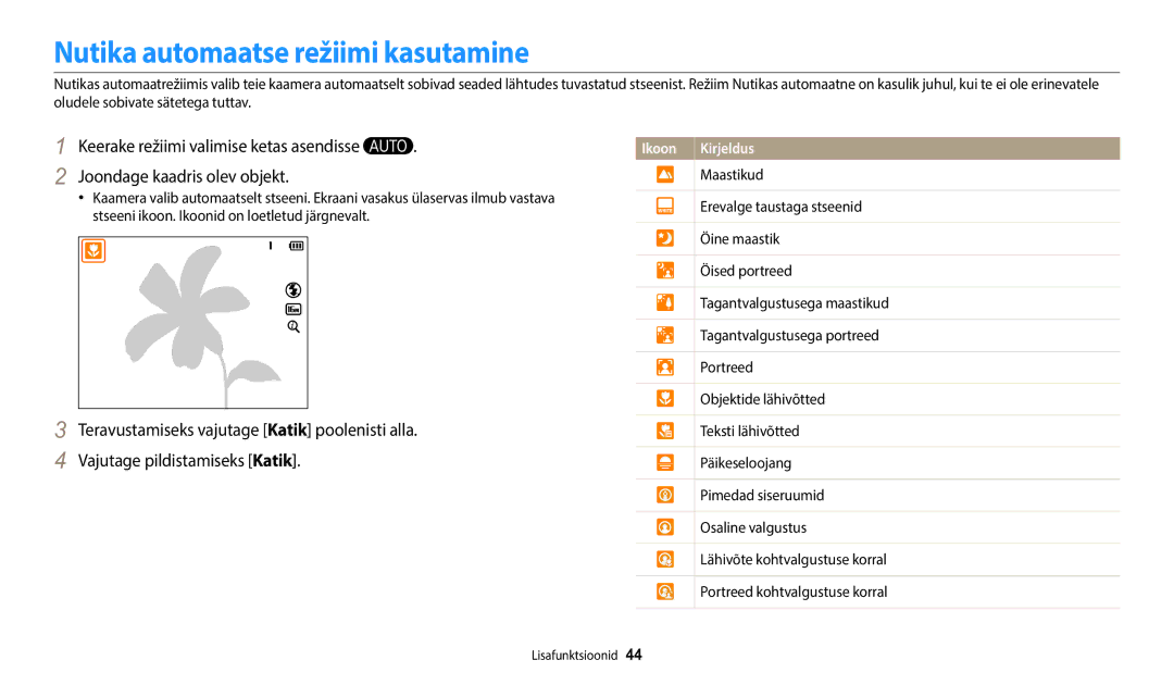 Samsung EC-WB1100BPBE2 manual Nutika automaatse režiimi kasutamine, Vajutage pildistamiseks Katik 