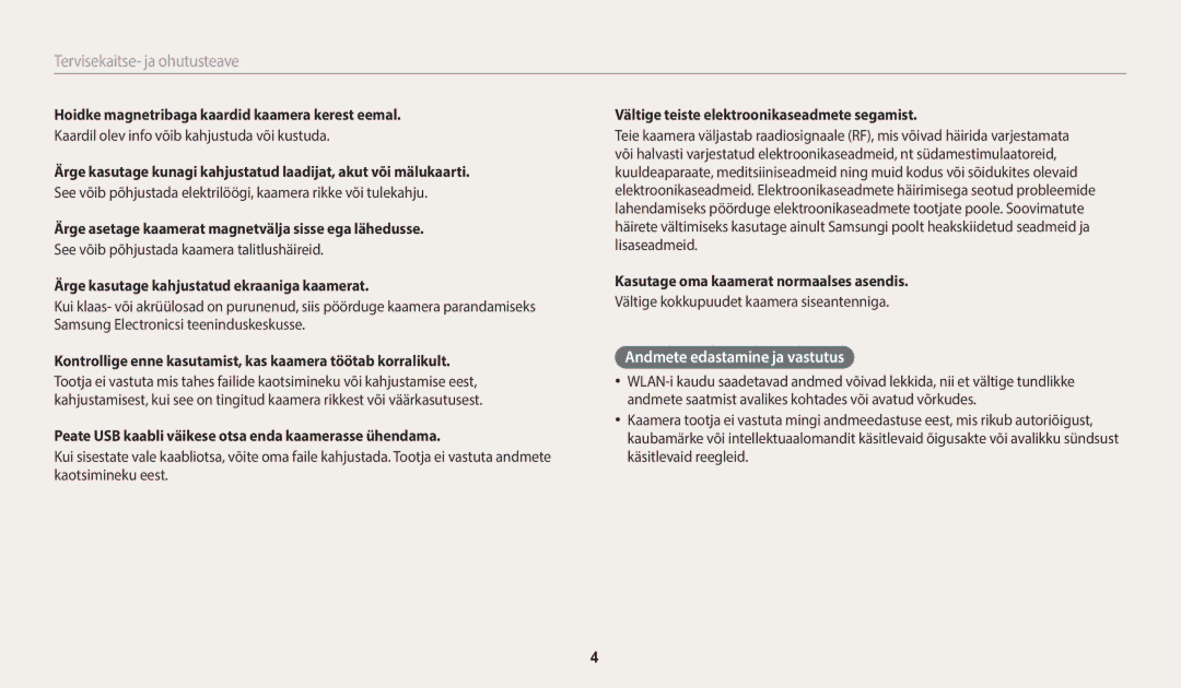 Samsung EC-WB1100BPBE2 manual Andmete edastamine ja vastutus 